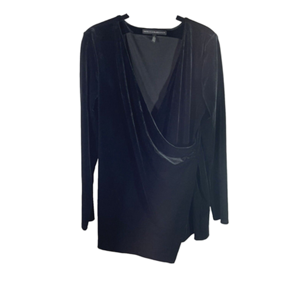 White House Black Market Faux Wrap Black Velvet Asymmetric V-Neck Top Sz M